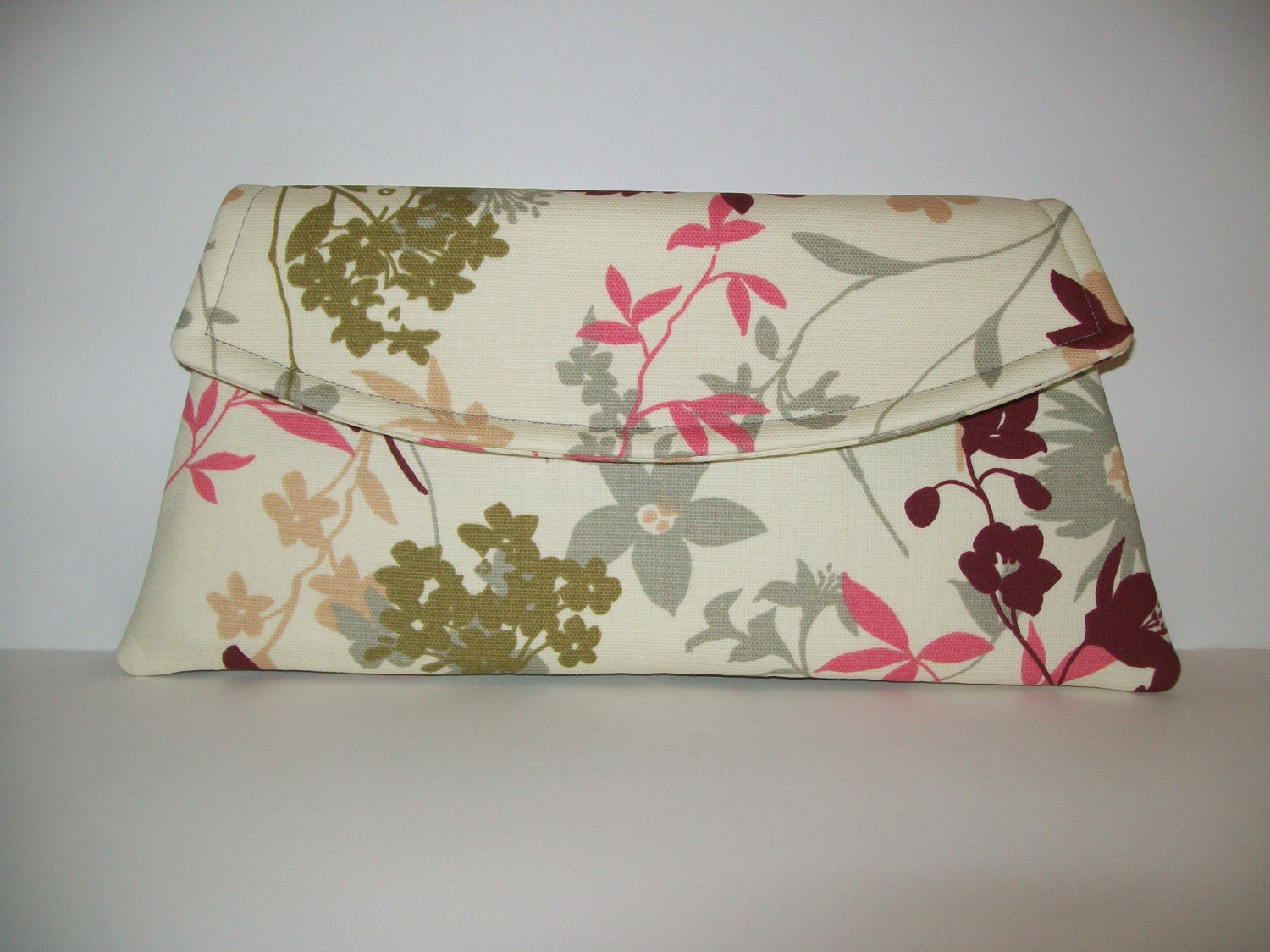 Cream, Gray, Green, Pink, Red Leaves/Floral - Classic Angled Clutch