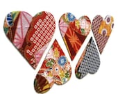 Valentines Day Heart Magnets  in Red, Yellow and Blue Japanese Kimono Print Fabric