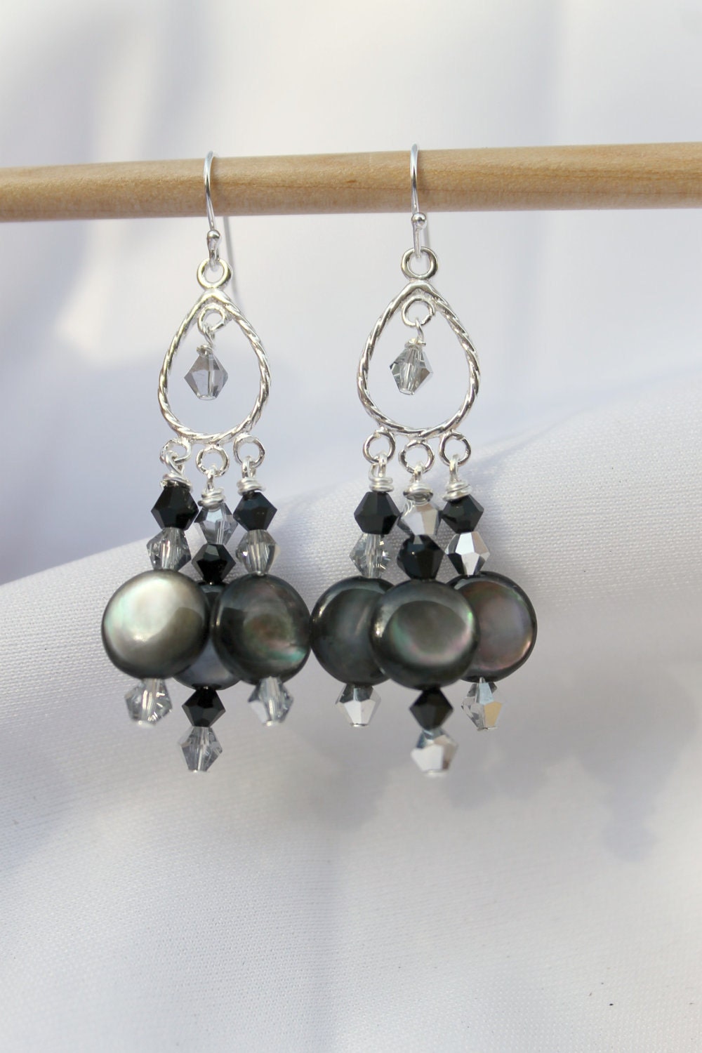 Silver black grey earrings with Swarovski crystals and natural shell beads