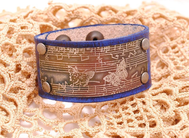 Etched Bracelet Cuff Nickle Silver Distressed Navy Leather Music and Butterflies