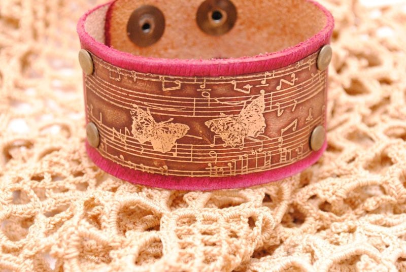 Etched Brass Bracelet Cuff Distressed Oxblood Leather Music and Butterflies