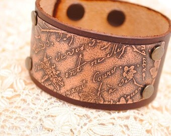 Leather Bracelet Etched Copper Cuff Script Flowers and Dragonfly