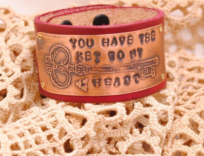 Etched Copper Bracelet Valentine Key to my Heart Oxblood Leather