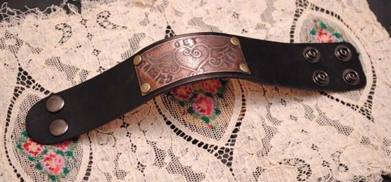 Etched Copper Bracelet Leather Cuff Get Carried Away