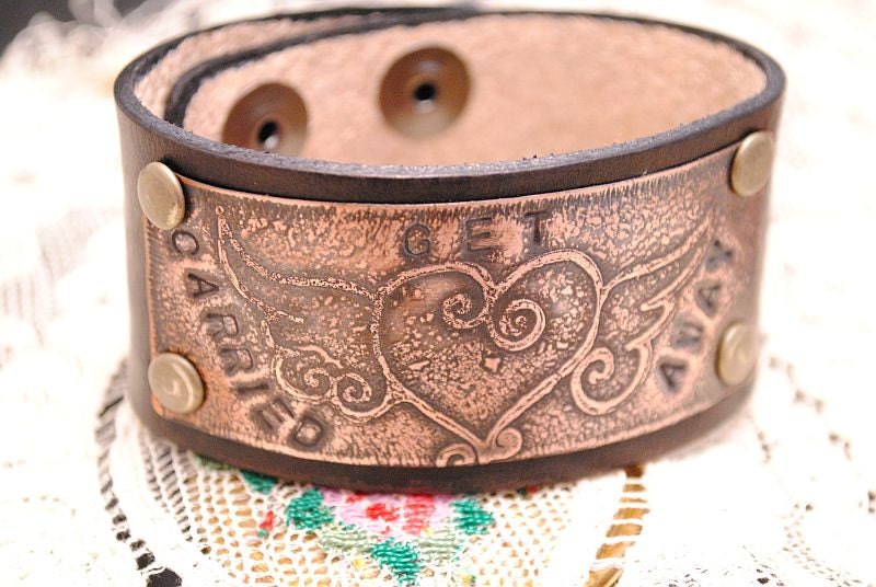 Etched Copper Bracelet Leather Cuff Get Carried Away
