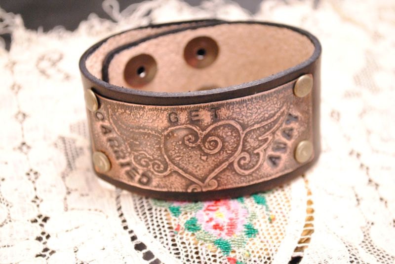 Etched Copper Bracelet Leather Cuff Get Carried Away