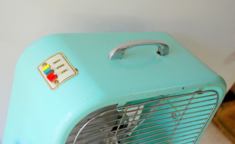 Black Friday Sale 1950's Aqua Country Aire Metal Box Fan with 2 Speeds and Tilting Feature