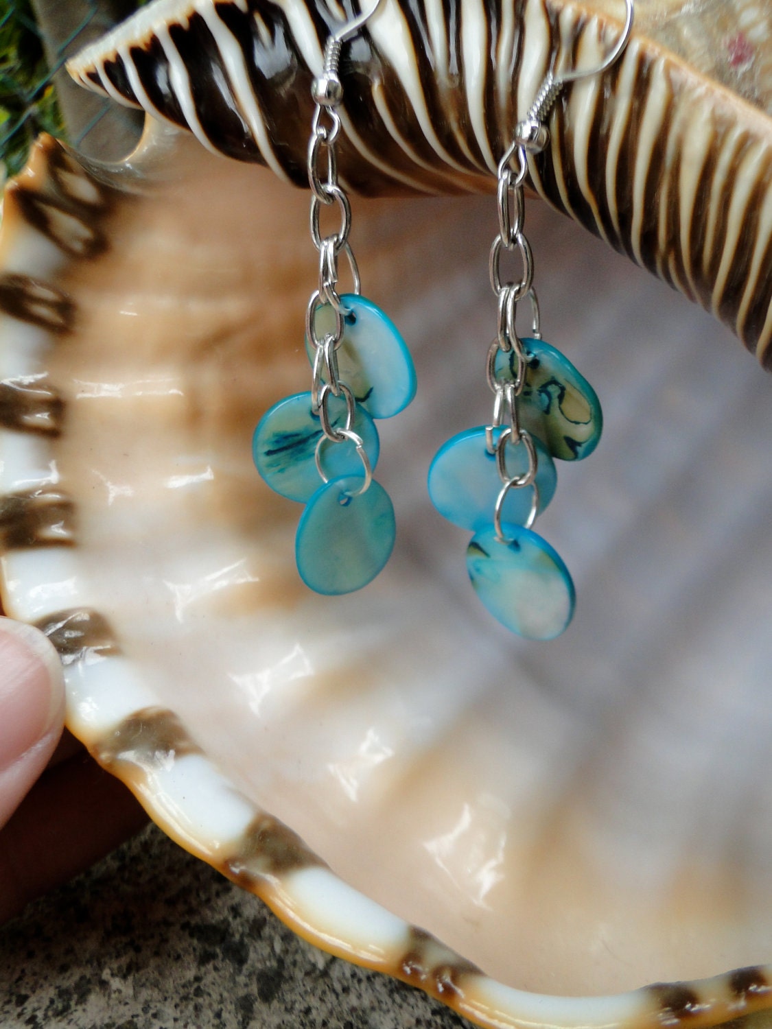 Jamaican Turquoise Shell Dangle Earrings - Mother of Pearl Earrings - 2 1/2 inch Dangle Earrings