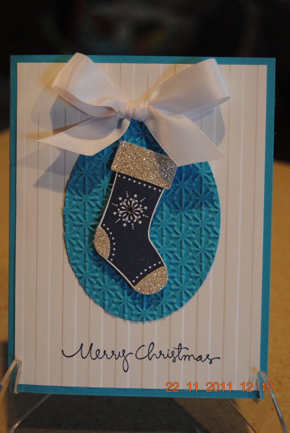 Sparkly Blue Stocking Christmas Card - Handcrafted