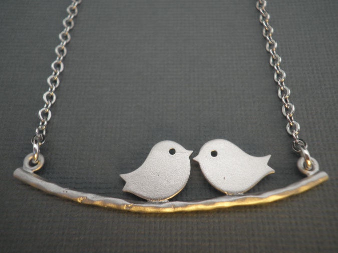 Love Birds Silver Necklace --  Birds on a Branch Necklace
