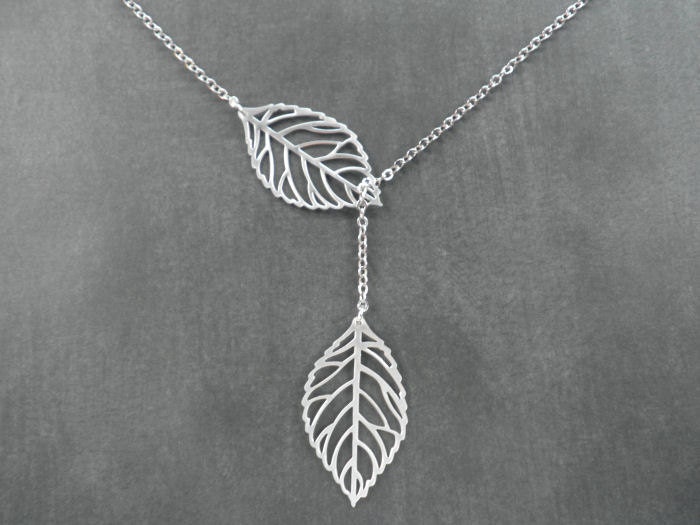 Autumn Leaves -- Leaf Lariat Necklace -- Silver Necklace -- Leaf Necklace