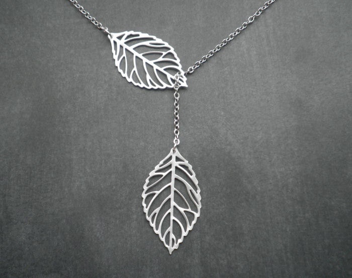 Autumn Leaves -- Leaf Lariat Necklace -- Silver Necklace -- Leaf Necklace