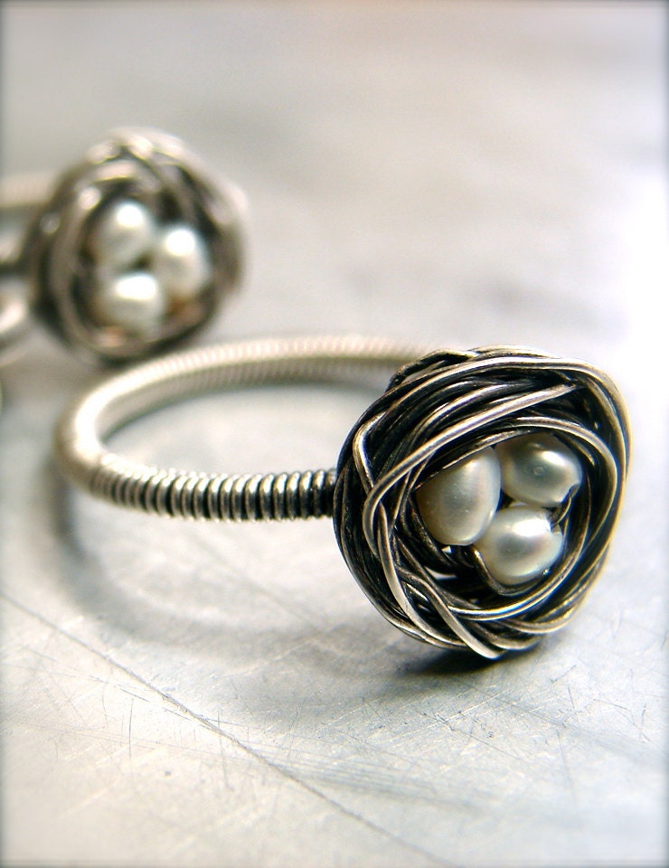 Easter, Miniature, Realistic, Sterling Silver, Fertility Bird Nest w/ Pearls Eggs, Organic, Nature Ring