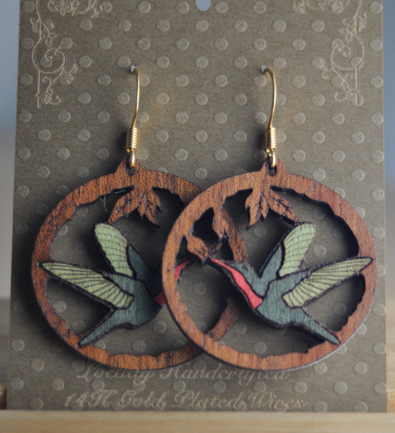 Humming Bird - Veneer Wood Inlay on Mahogany Earrings