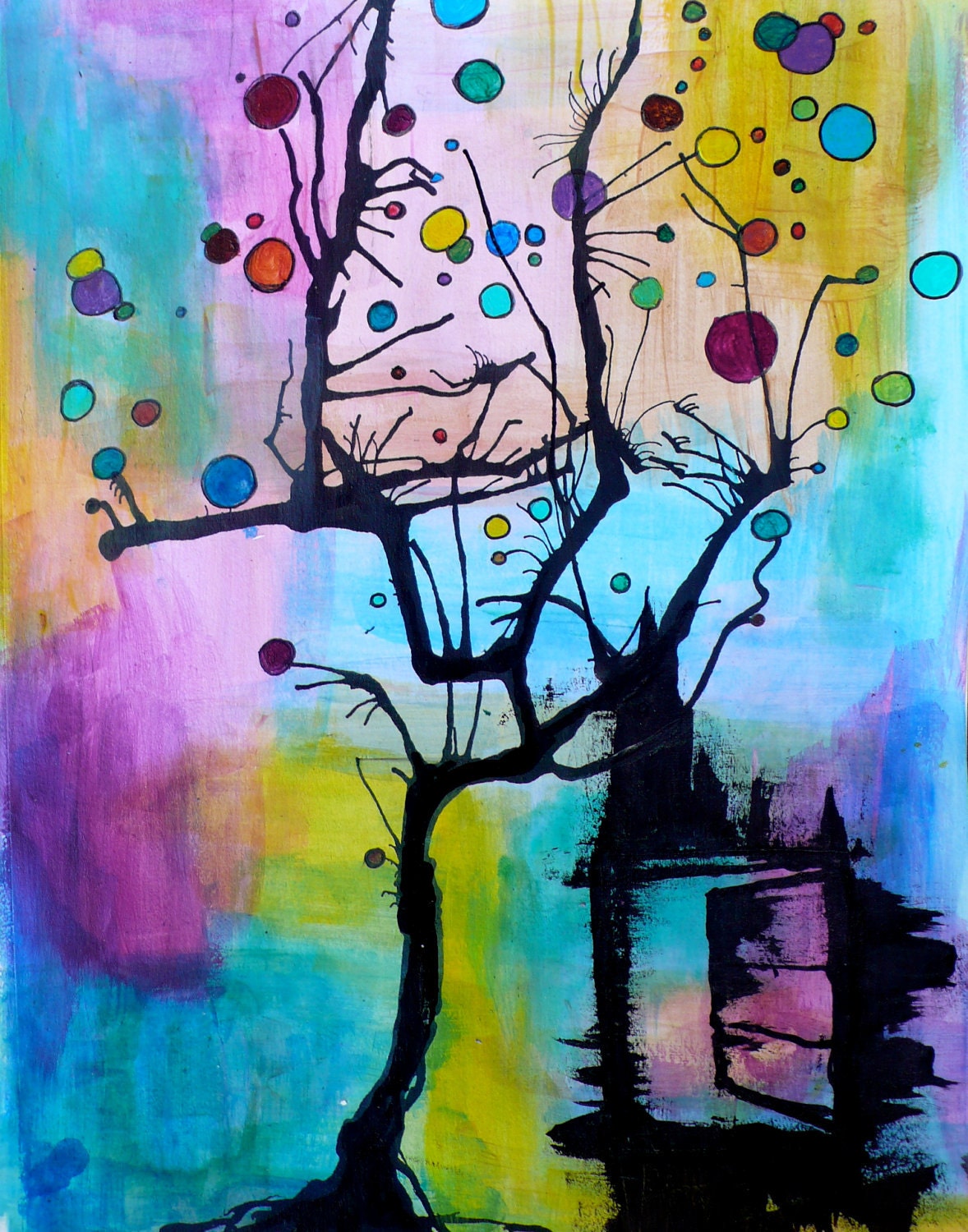 Tree art print illustration 11x14 - Colorful bubble tree - " The tree and his cat "