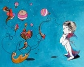 Colorful imaginary balloon city illustration - girl art print - 11x14 - "Up up up and away"