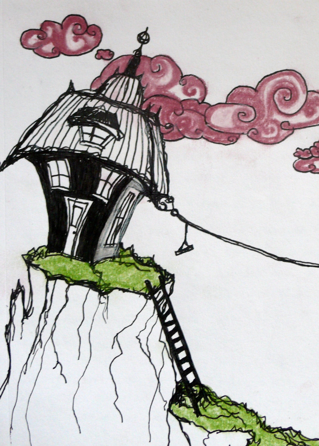 House illustration - Original drawing - "My cozy house on a cliff" - 6x4.25 inches