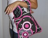 CROSS BODY BAG -medium- Sling tote  haversack /travel purse/ iPad case cover mixed fabrics  -spotted- in Black-White-Pink  with Circles