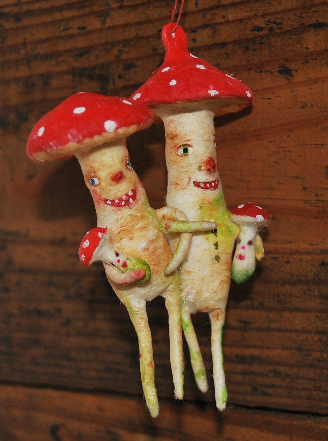 Spun cotton mushroom family feather tree ornament OOAK Vintage Craft by jejeMae