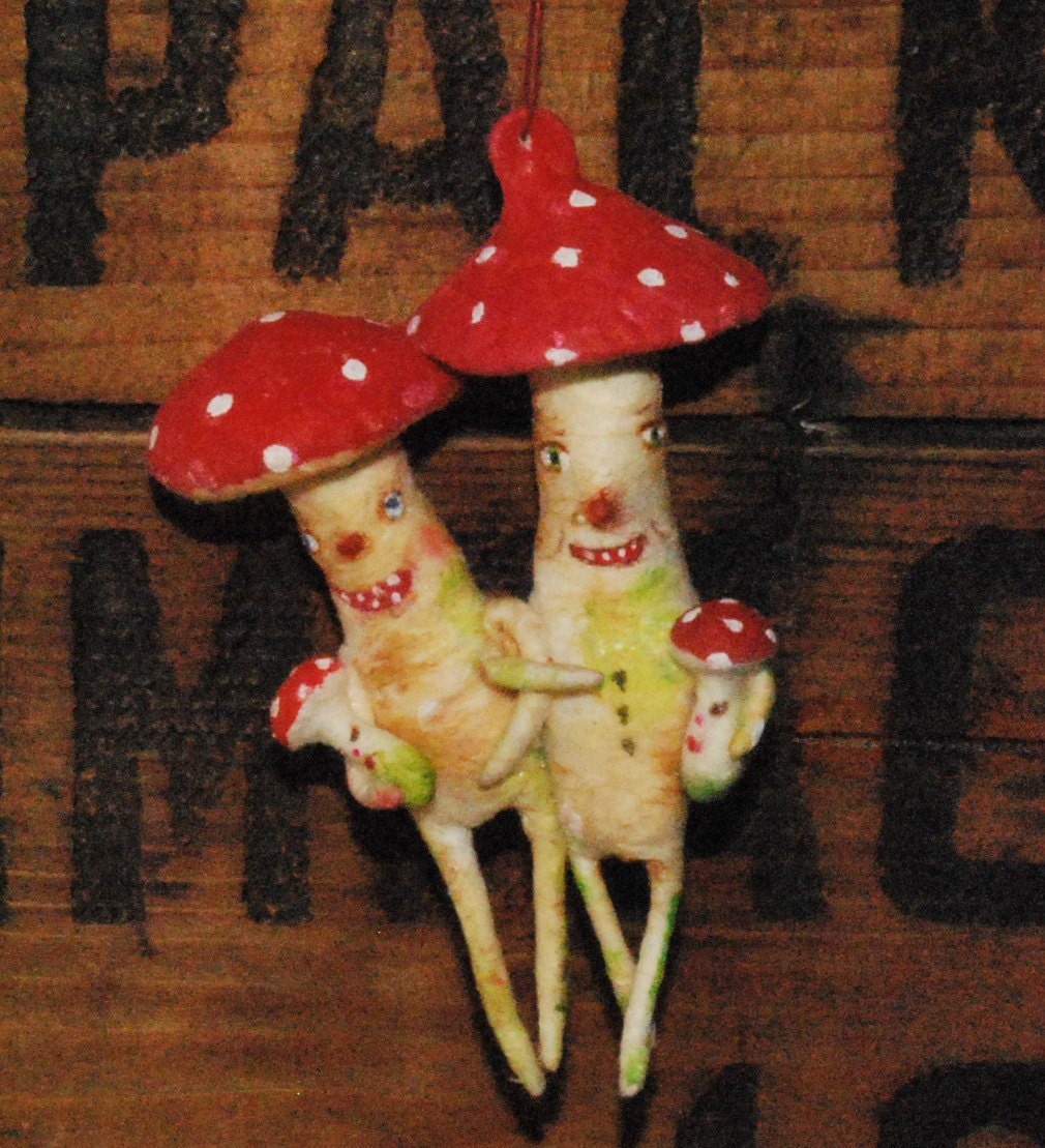 Spun cotton mushroom family feather tree ornament OOAK Vintage Craft by jejeMae