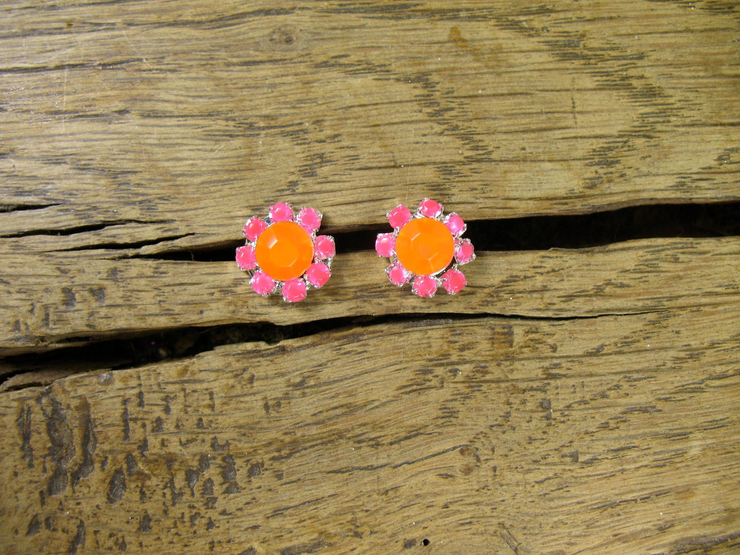 Cute Neon Hot Pink & Orange Crystal Stud Earrings in Silver