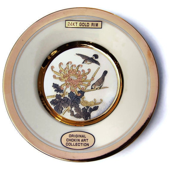 Vintage Japanese Chokin Plate with Birds and Flower - 24KT Gold - Geisha Asian Japan Decor