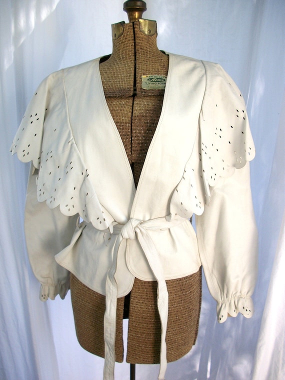 Vintage Italian White Leather Eyelet Ruffle Trim Jacket