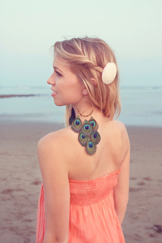 Starry-Eyed - Peacock Feather Earrings, Cruelty-Free, (brown beads), Beverly Hills, Taylor Armstrong