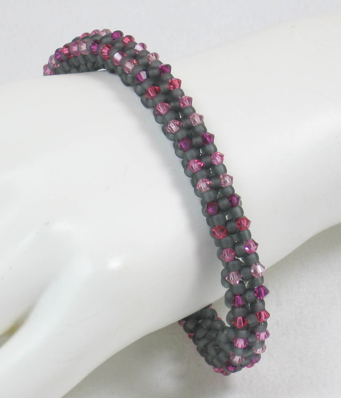 Pink Grey Bracelet Gray Flexible Bangle Swarovski Crystal Beaded Rose Fuchsia Hot Pink Charcoal Blush Flamingo