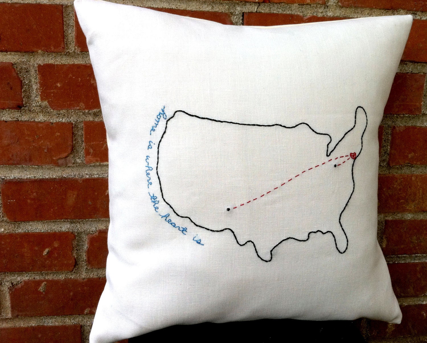 US Home Is Where The Heart Is w/ Connecting Hearts - Hand-Embroidered  Pillows Needlepoint on Linen