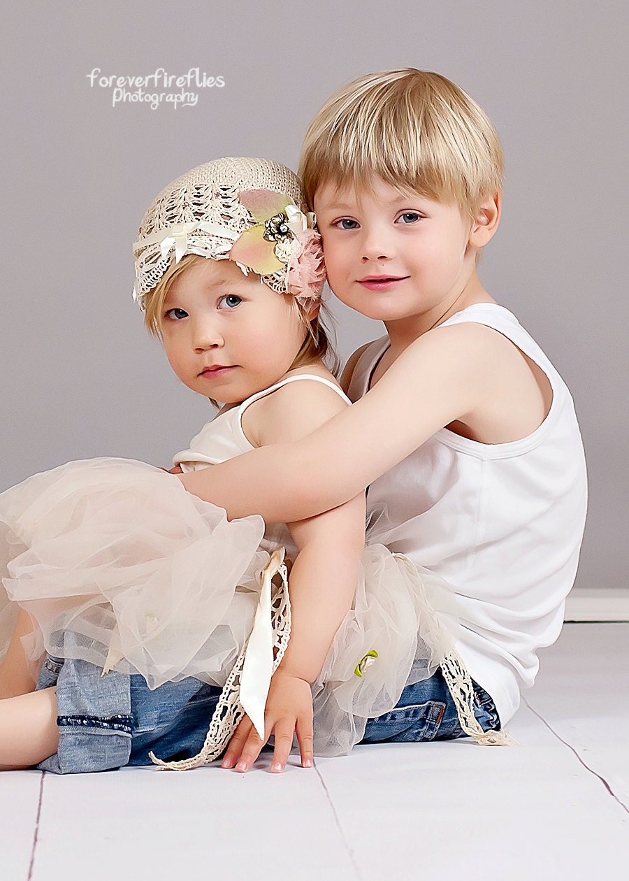 Cream Beanie, Vintage Lace Baby hat or Girls hat- knit children hat with vintage lace, satin ribbon, rhinestone and chiffon embellishments