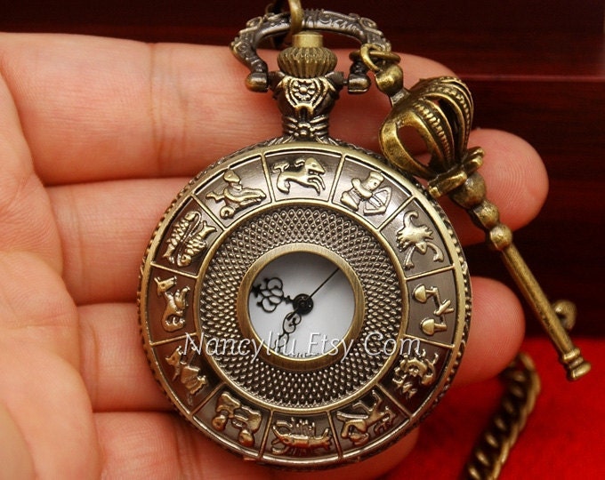 Zodiac Constellations Pocket Watch, Horoscope, Big Size, with Antique Bronze Key Pendant Charms