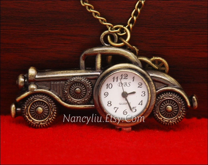 Vintage Car Pocket Watch Necklace, Classic Car Pocket Watch, Beat-up Car Pocket Watch, with Antique Bronze Motorbike Pendant Charms