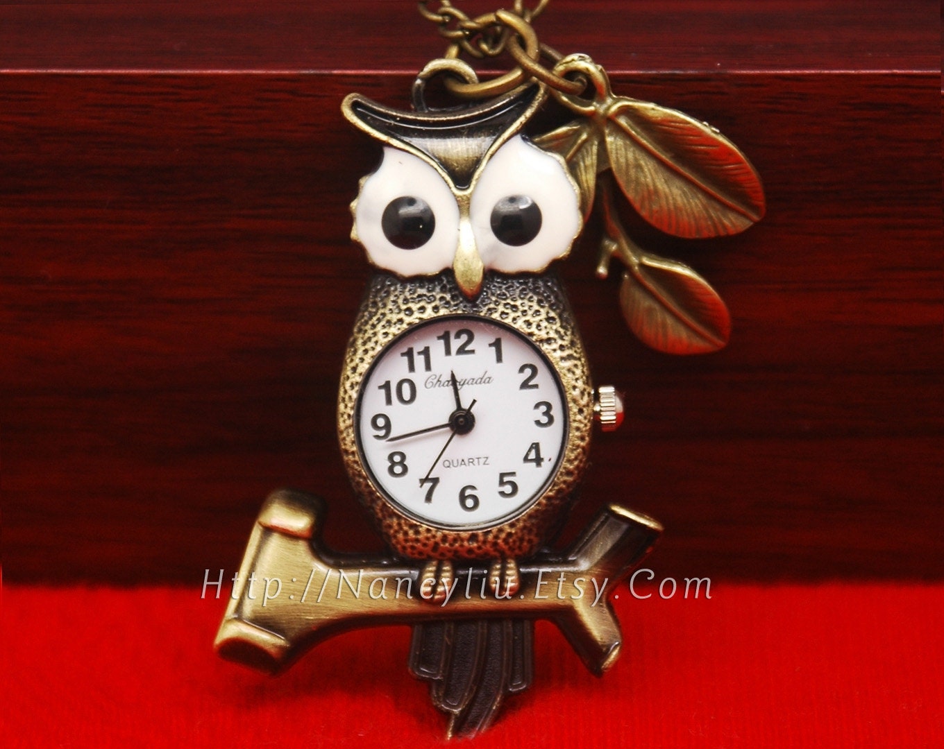 Cute OWL Pocket Watch Necklace, with Antique Bronze Leaf Pendant Charms