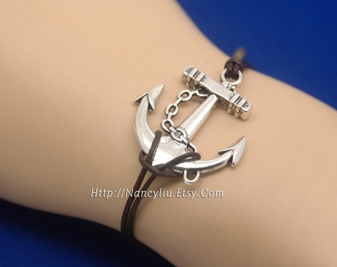 Sale-Antique Silver Anchor Bracelet,  Natural Leather Cord Bracelet, Dark Brown Genuine Leather Cords Anchor Bracelet, C25B24