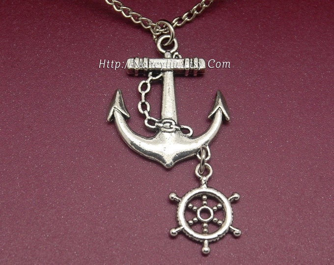 Silvery Anchor Necklace, with Silvery Rudder Necklace Pendant, with Silvery Necklace Chain, C25N24