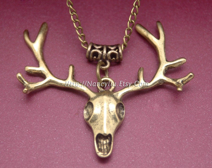 Bronze Elk Deer Antlers Necklace, Nordic Reindeer Necklace Pendant, with Bronze Necklace Chain, C18N49