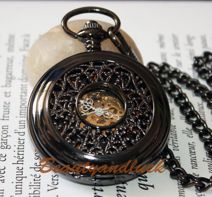 Black  Roma Dial Skeleton Men Unisex Mechanical Pocket Watch