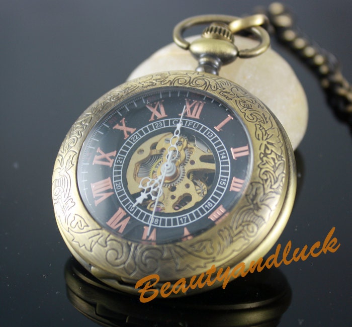 Vintage Steampunk Magnify Cover Brass Mechanical Unisex Pocket Watch