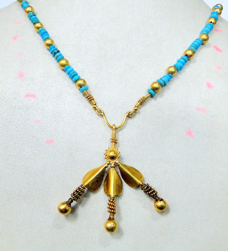 vintage antique 24 ct solid gold turquoise necklace pendant jewely - 7351