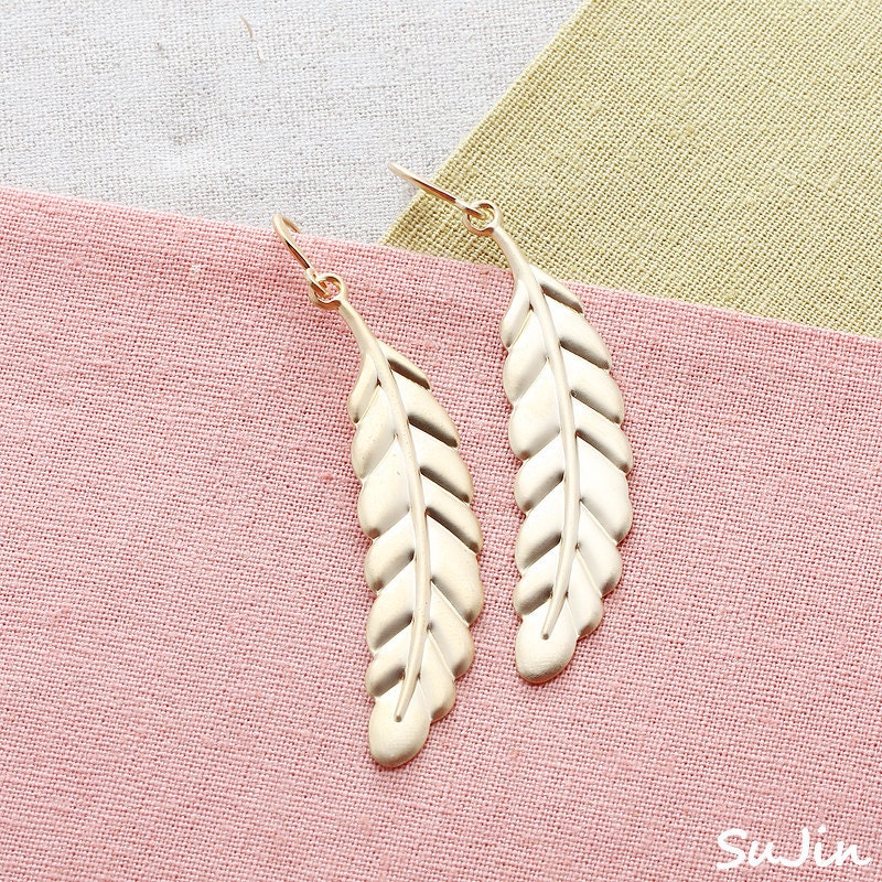 Leafy Feather, Simple, Chic, Gold Plated, Earrings