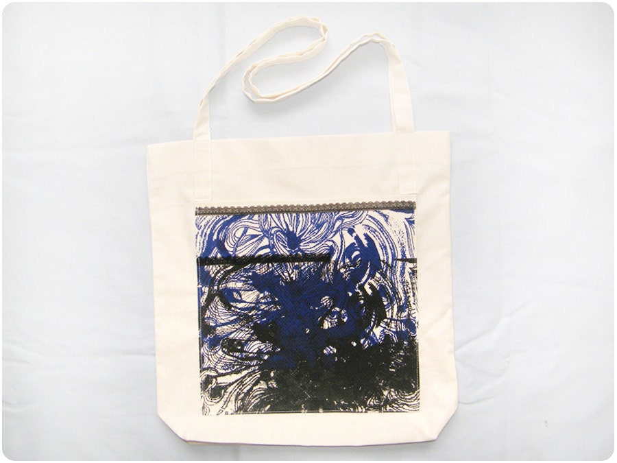 Front Pocket Canvas Tote Bag  - Unisex Screen Printed REUSABLE Grocery Bag Shopping City School Beach Eco Friendly Handmade