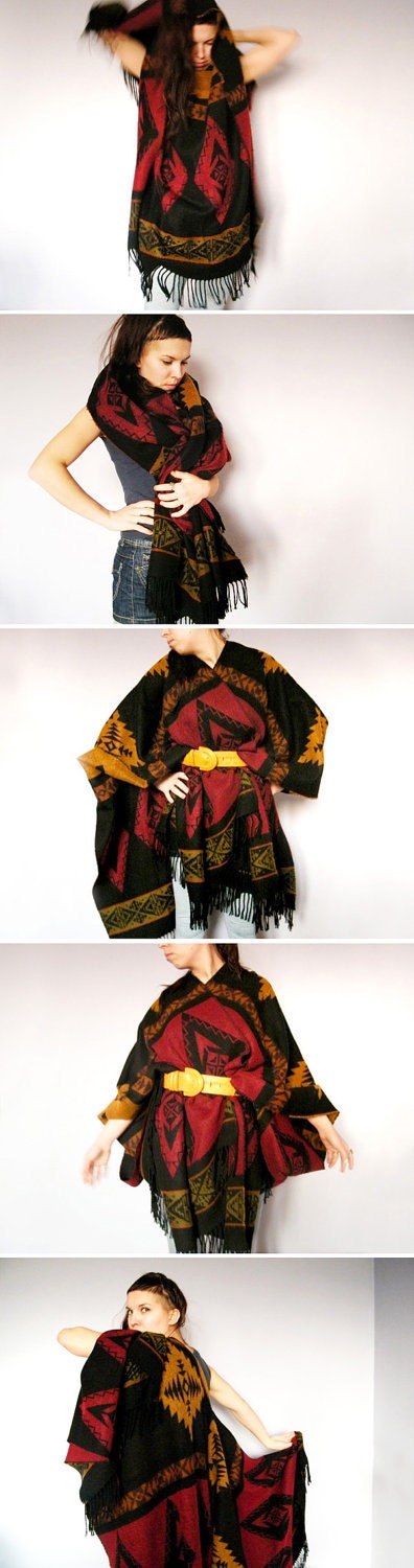 Southwestern Vintage Blanket Poncho Shawl with Geometric Ethnic NativeTribal Aztec Woven Pattern Fringe Bat Wing Cape Coat
