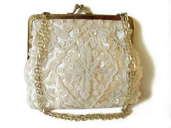 Vintage Evening Bag: Cream White Beads With Sequins Made In Hong Kong