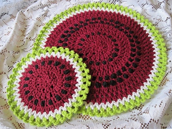 Place Mat & Hot Pad Sets - Watermelon Design - Crochet Pattern - PDF