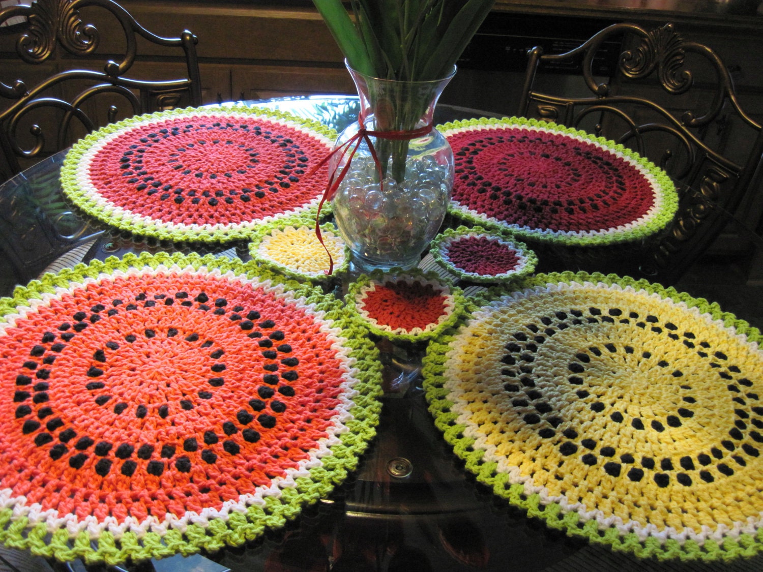 Place Mat & Hot Pad Sets - Watermelon Design - Crochet Pattern - PDF