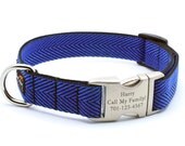 Herringbone Webbing Dog Collar with Laser Engraved Personalized Buckle - ROYAL BLUE