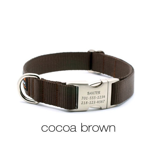 Laser Engraved Personalized Buckle Webbing Dog Collar - Cocoa Brown