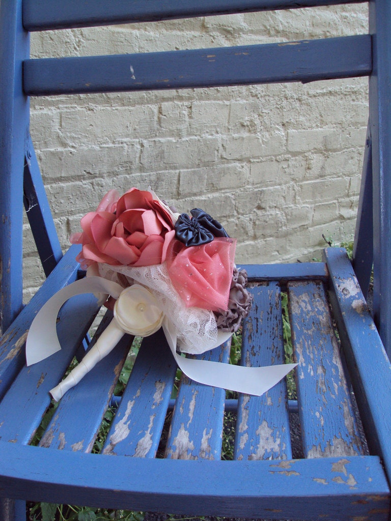 Fabric Wedding Bouquet - Peach, Ivory, Blue