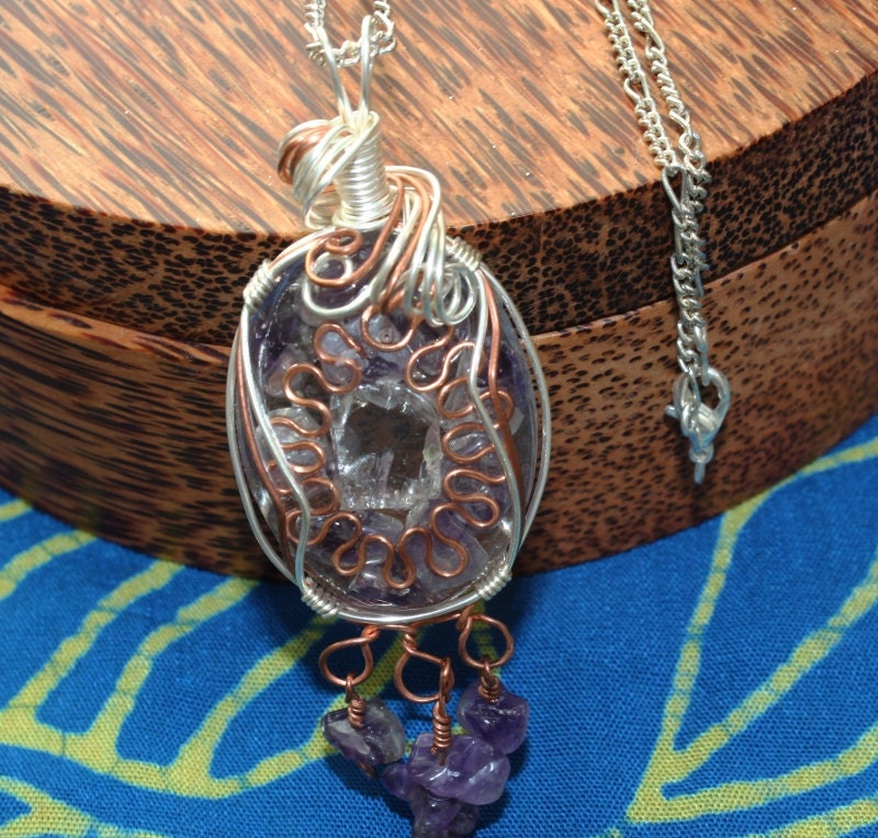 Amethyst Gemstones, Crystals and Wire Wrapped Resin Gemstone Pendant Necklace
